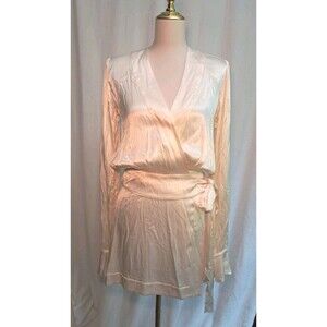 Rumored Satin Wrap Mini Dress Long Sleeves Shoulder Pads Side Tie Cream Size S